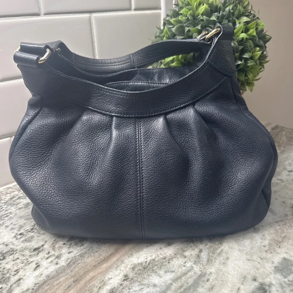 Brooks Brothers Navy Blue Pebbled Leather Hobo Shoulder Bag Gold Tone Hardware